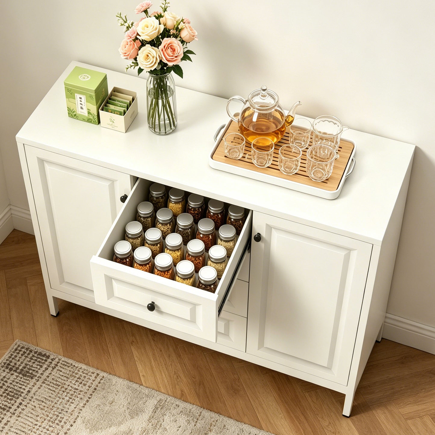 Beige 40.16'' Storage Sideboard Buffet Cabinet with 4 Drawers & 2 Doors