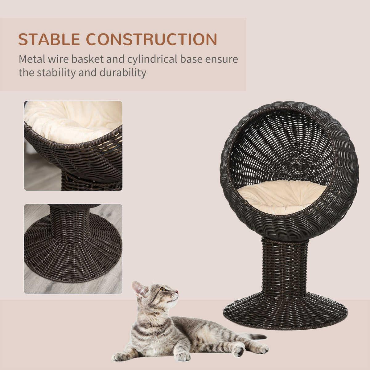 Elevated Cat Bed with Rotatable Egg Chair Pod, Cozy Woven Kitty House - Coffee 450x430mm