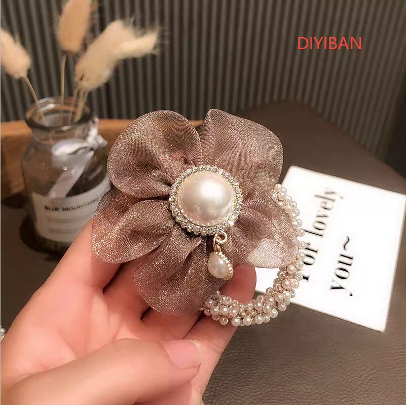 Delicate Pearl Flower Fabric Hair Scrunchie - Geometric Hair Tie