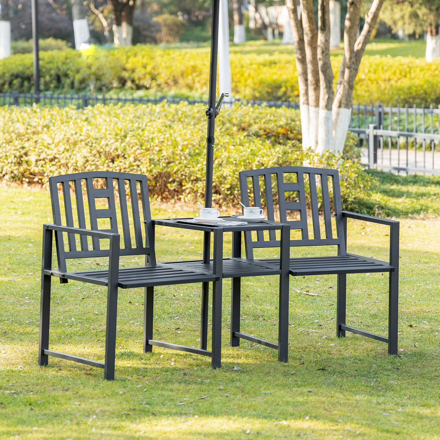 Metal Garden Bench with Table & Umbrella Hole - Black