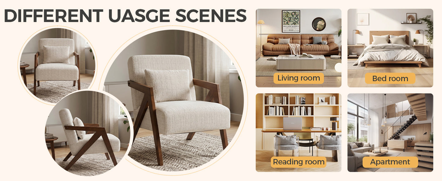 Mid-Century Modern Accent Chair - Solid Wood & Upholstered Chenille - Beige