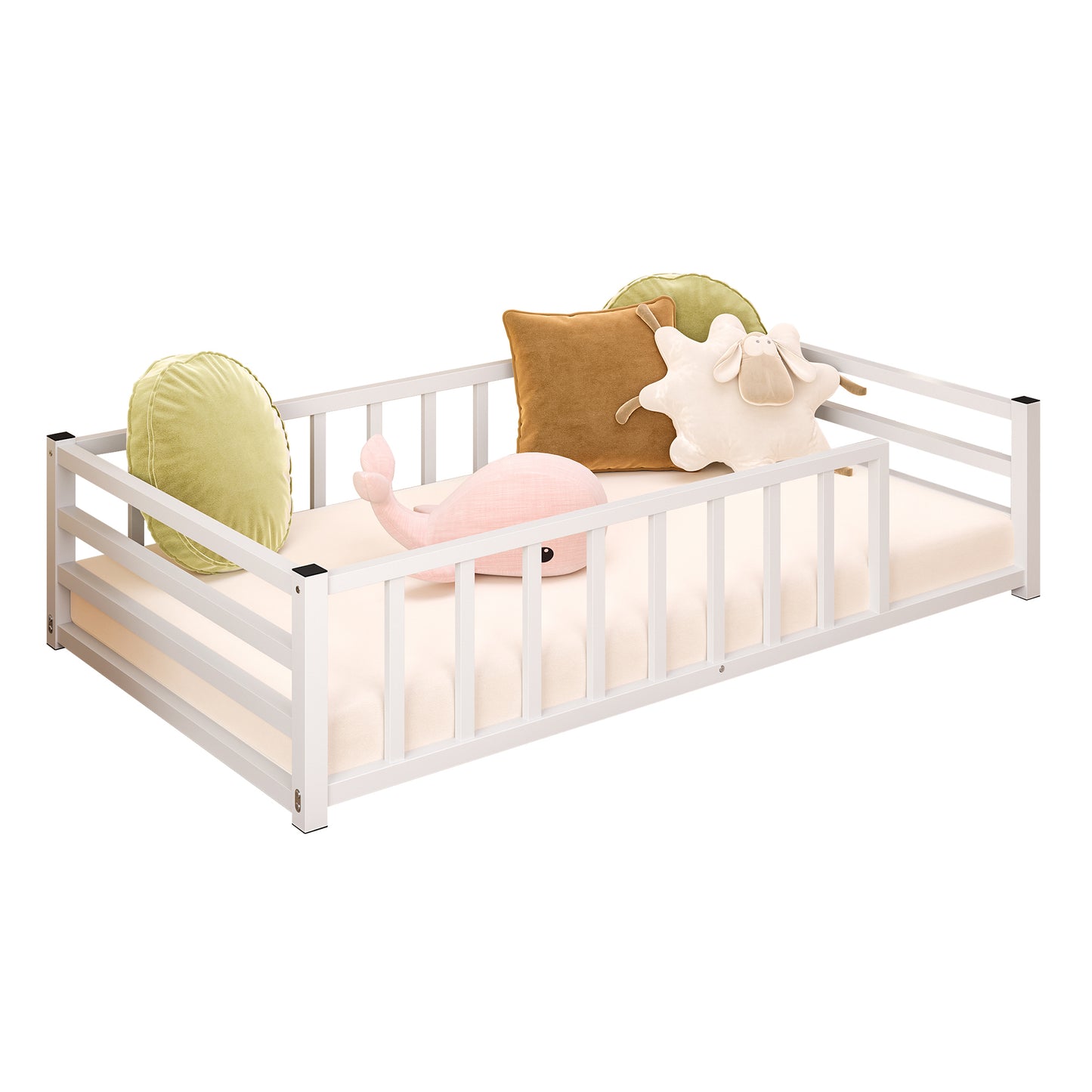 Twin Size Low Profile Metal Bed Frame with Guardrails - White