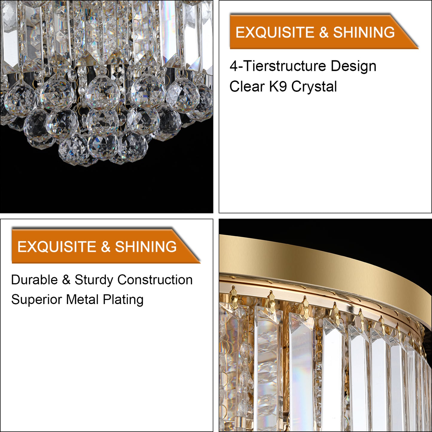 Gold Crystal Chandelier - Modern Ceiling Light Fixture 19.7"