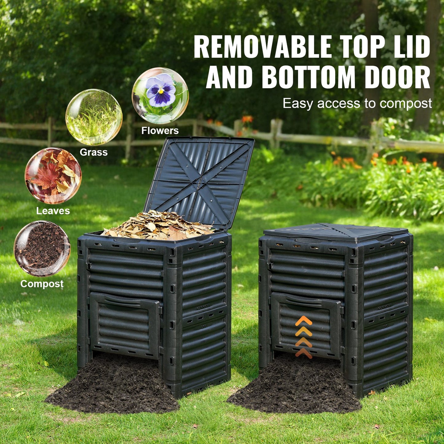 80 Gallon Outdoor Compost Bin with Lid & Bottom Door - Large Capacity Garden Tool