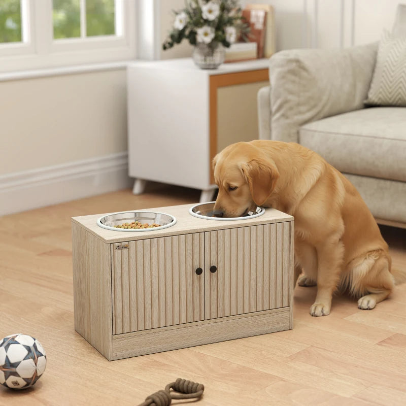 Elevated Dog Bowl Stand with 2 Stainless Steel Bowls & Storage Drawer