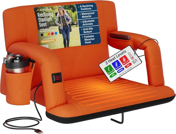 Heated Folding Stadium Seat with Back Support - Orange