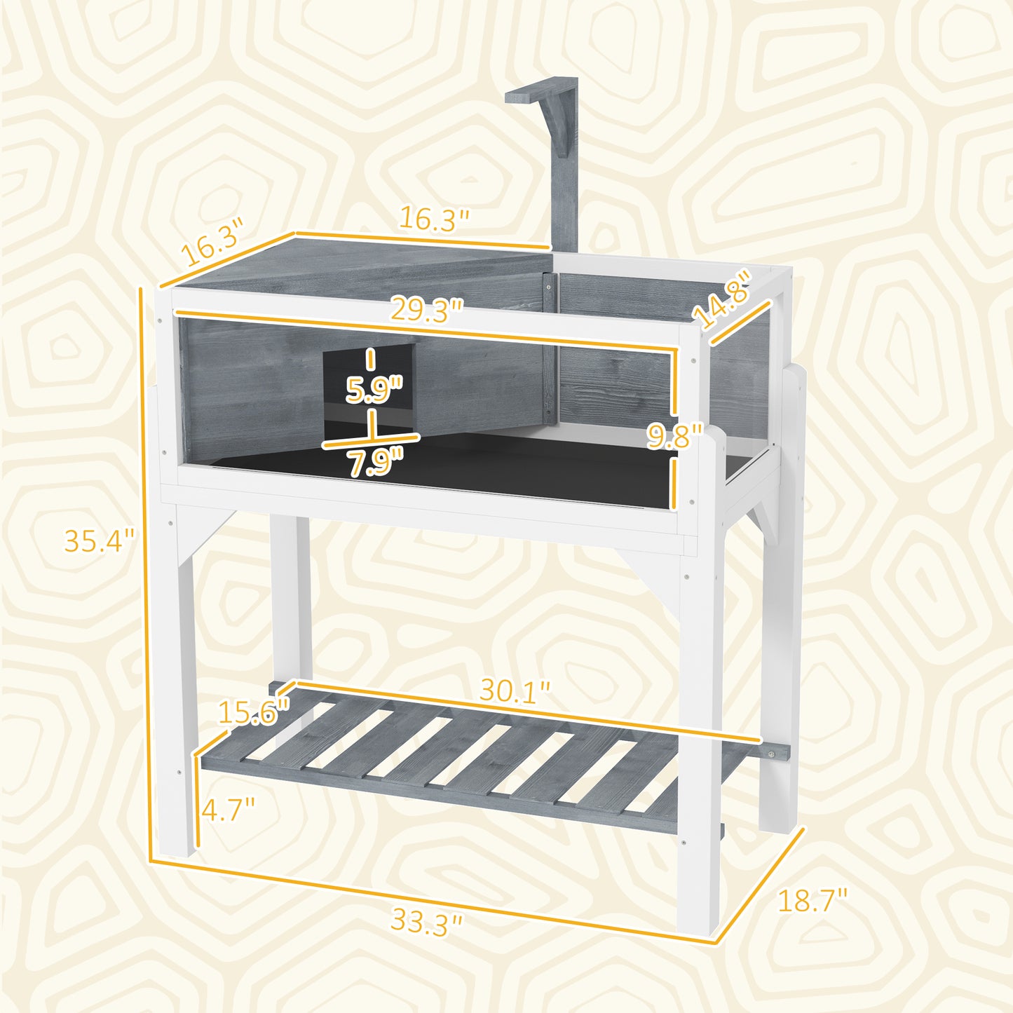 Wooden Tortoise Habitat with Storage Shelf and Windows - Gray