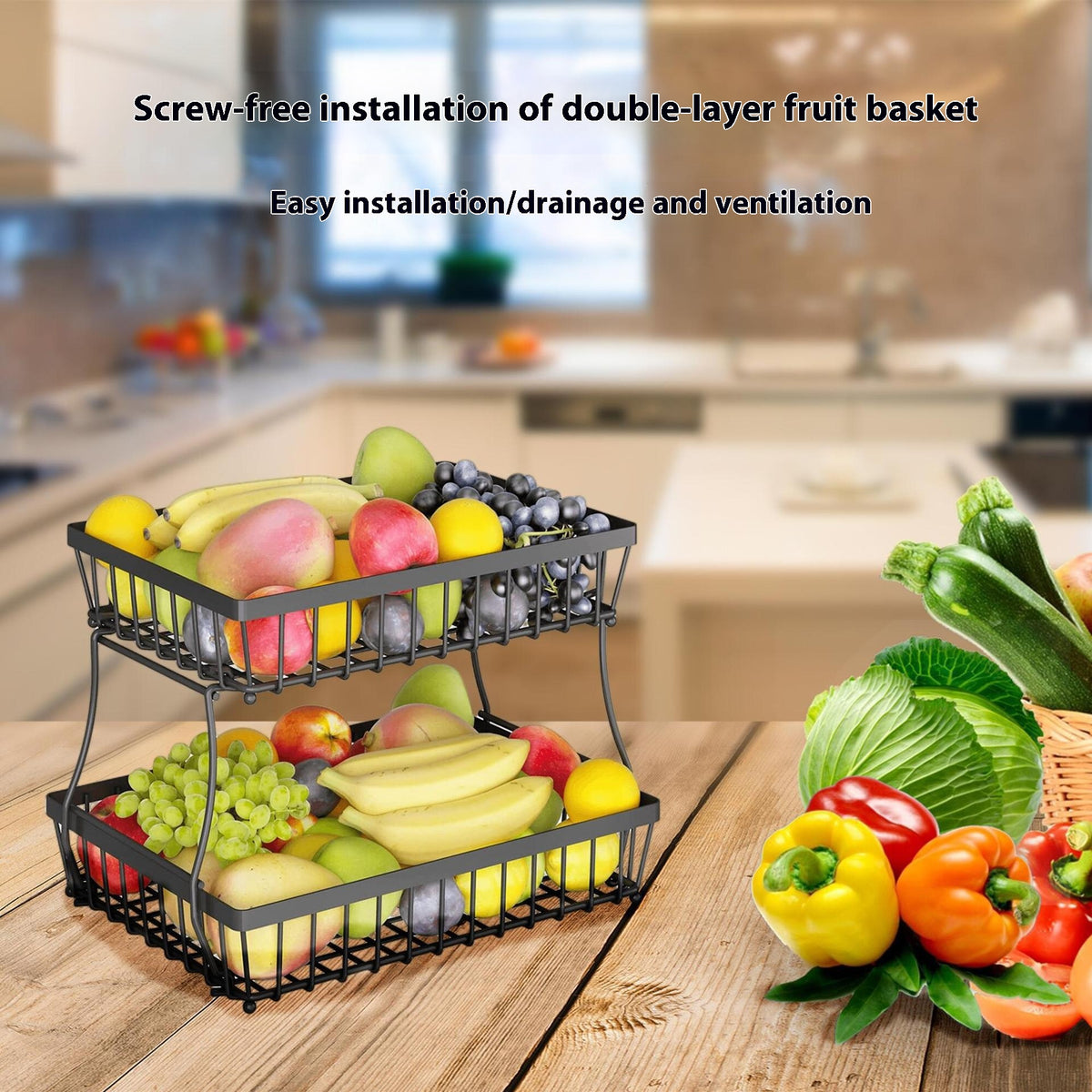 Removable Double Layer Fruit Basket for Kitchen Storage - Stainless Steel