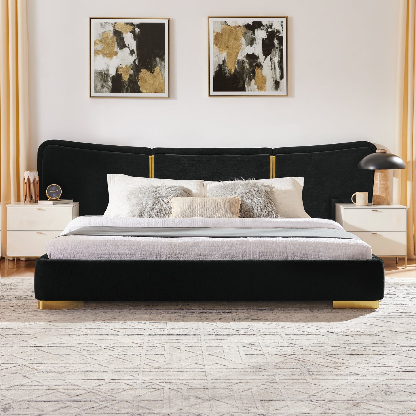 Queen Size Platform Bed with Soft Chenille Frame - Black