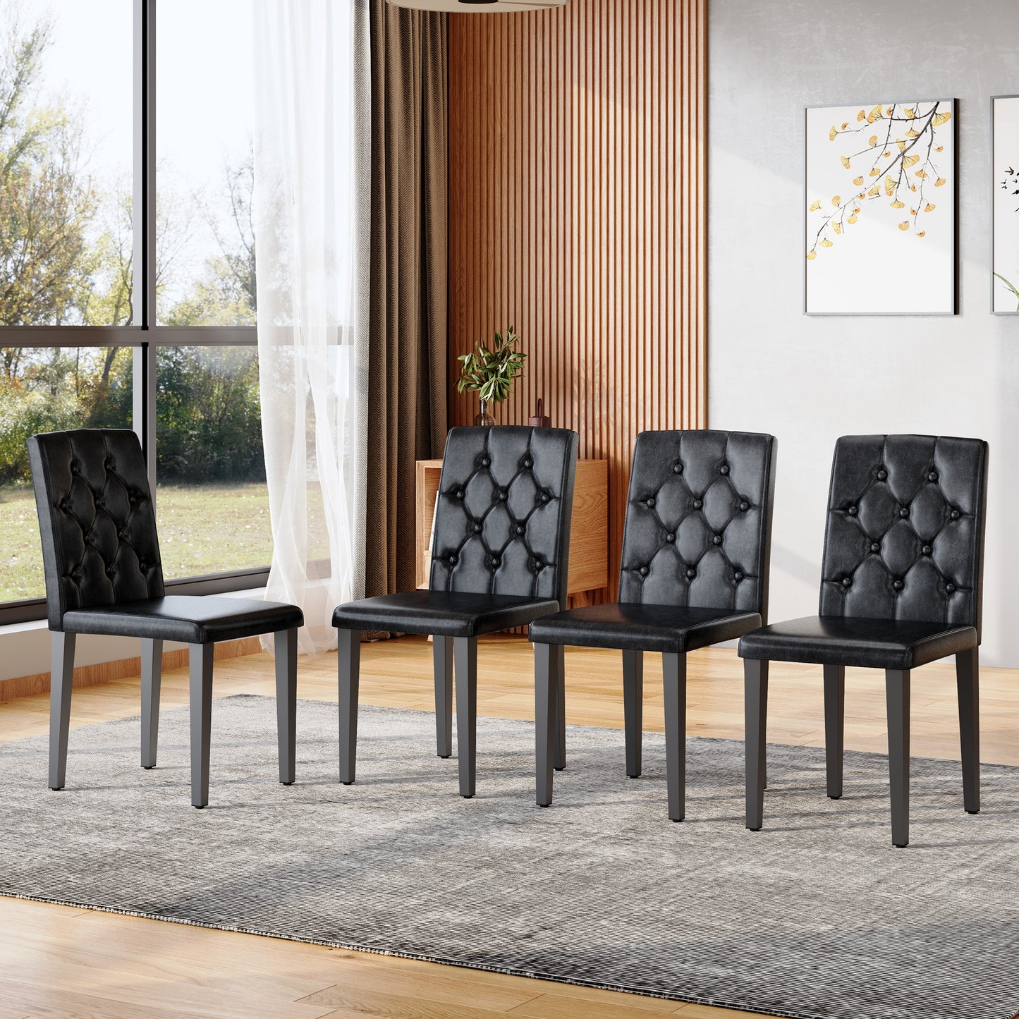 4-pack Black PU Dining Chairs Ergonomic Buckle Backrest, 35 Inches