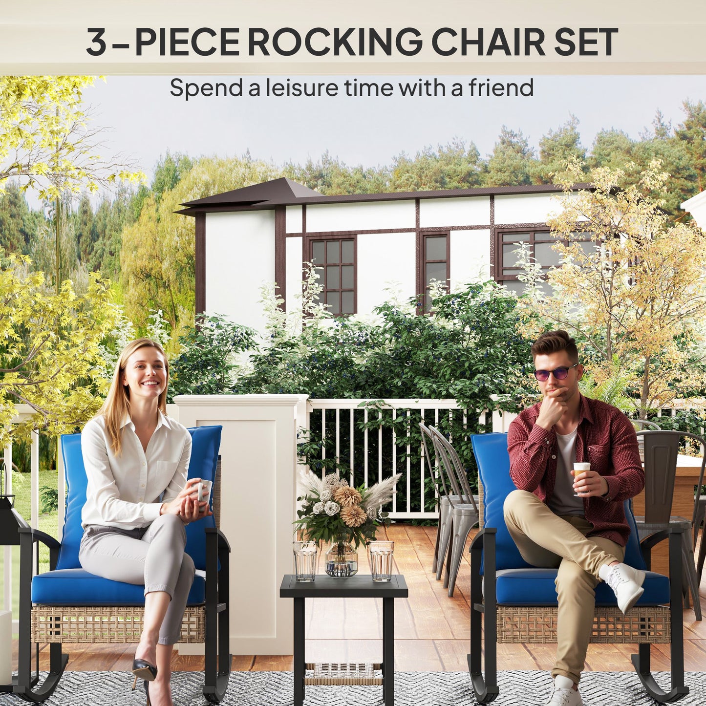 3-Piece Outdoor Bistro Set with Rocking Chairs & Coffee Table - Blue