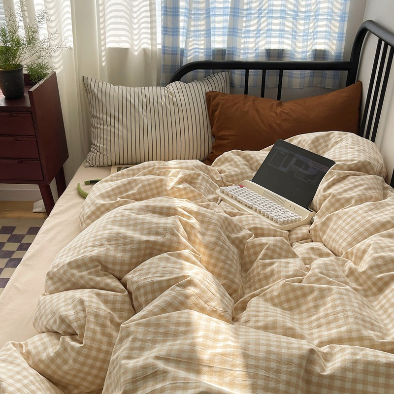 Fresh All-Cotton Checkered Bedding Set - Light Beige, 4 Pieces