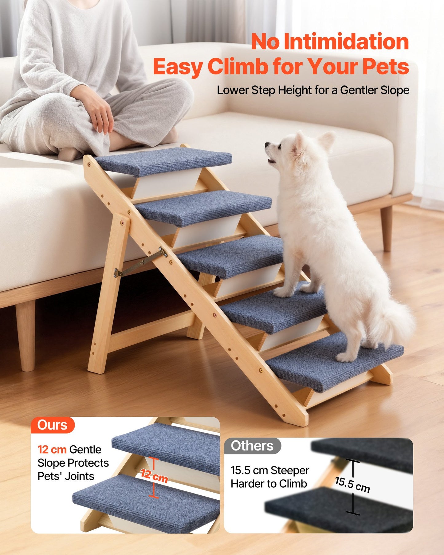 Wood Pet Stairs for Dogs & Cats - 5-Step Foldable Support Ladder, Black