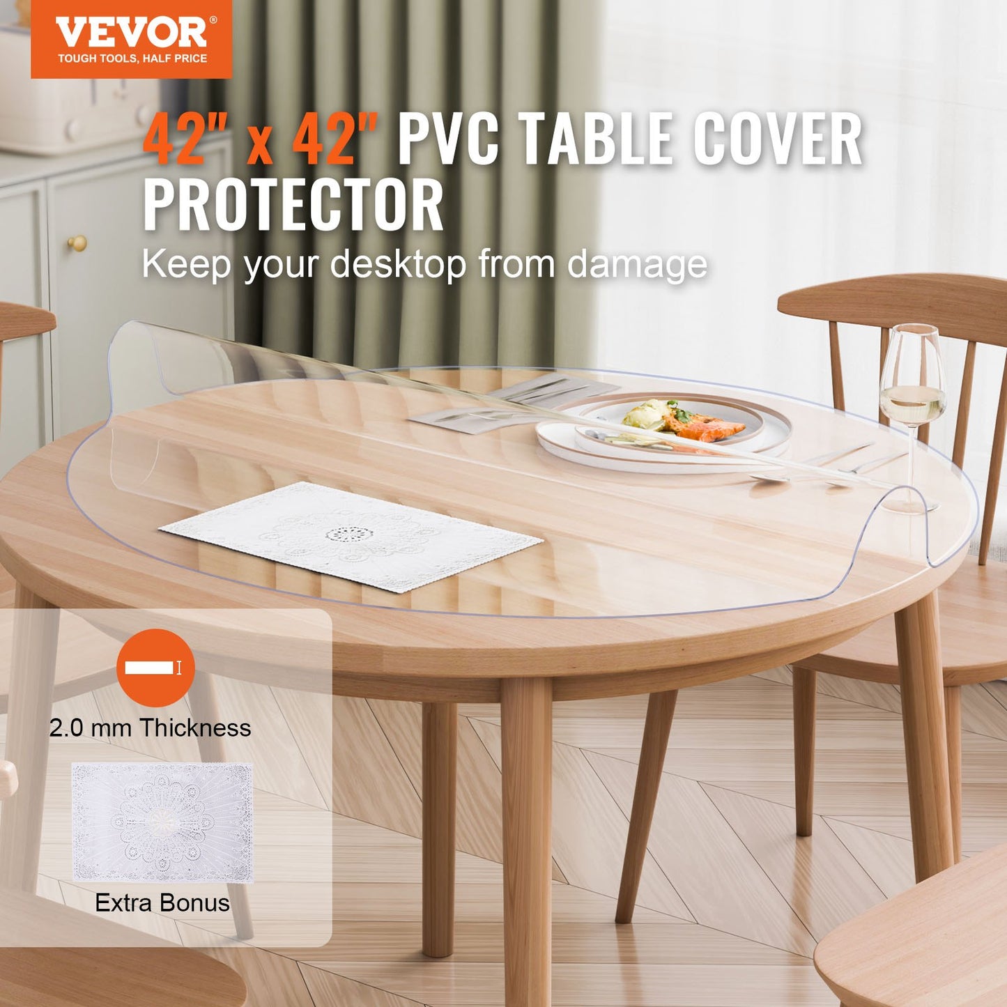 Clear PVC Table Protector - 42 Inch Round, 2.0mm Thick