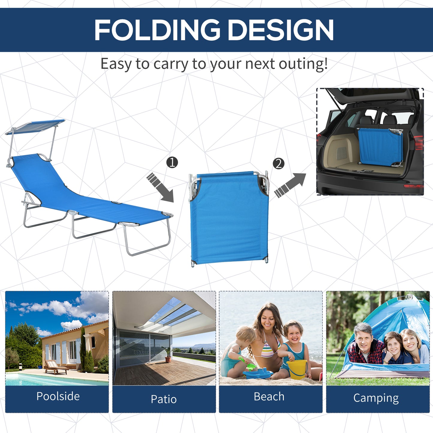 Folding Outdoor Chaise Lounge Chair with Sun Shade - Blue