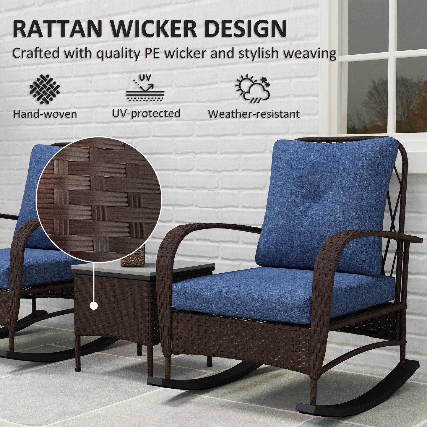 3-Piece Wicker Patio Furniture Set - Brown Rocking Chairs with Table