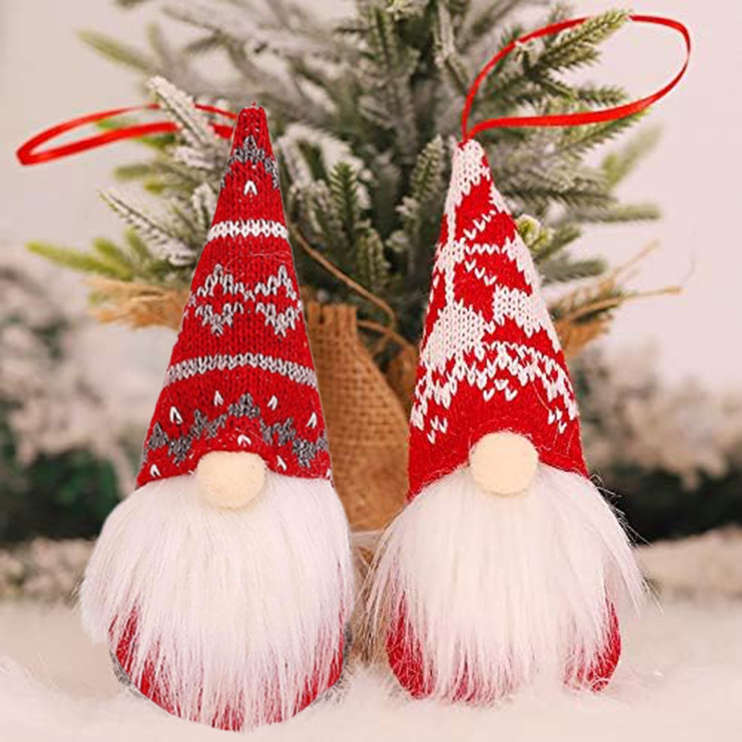 8-Pack Handmade Christmas Gnome Plush Ornaments - Red & White