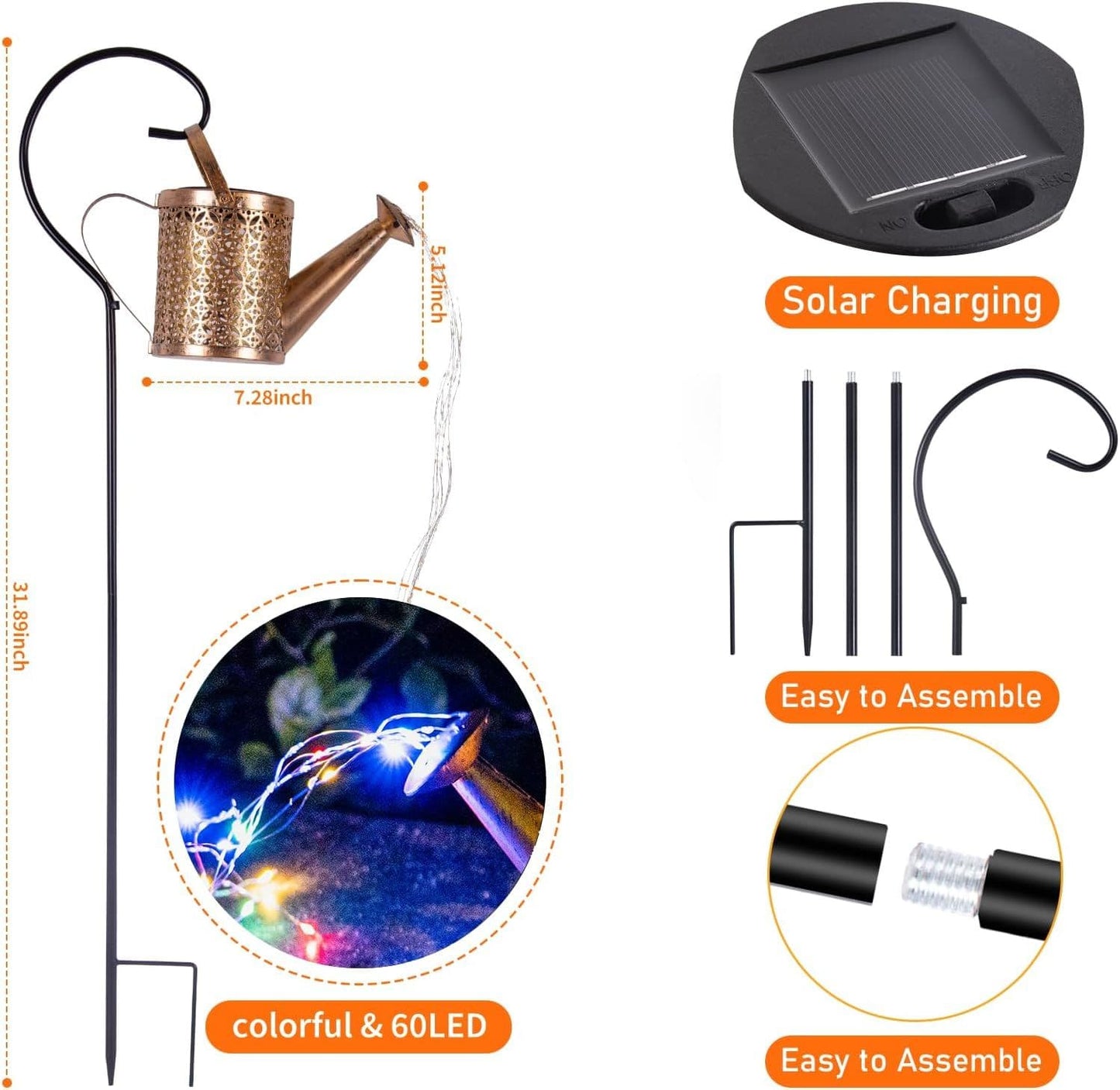 Outdoor Solar Watering Can Lantern String Lights Garden Decor Waterproof Metal Kettle