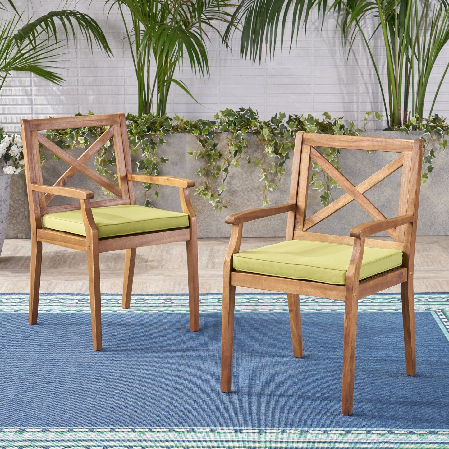 Acacia Wood Dining Chair Set with Green Cushions - 2 Pieces