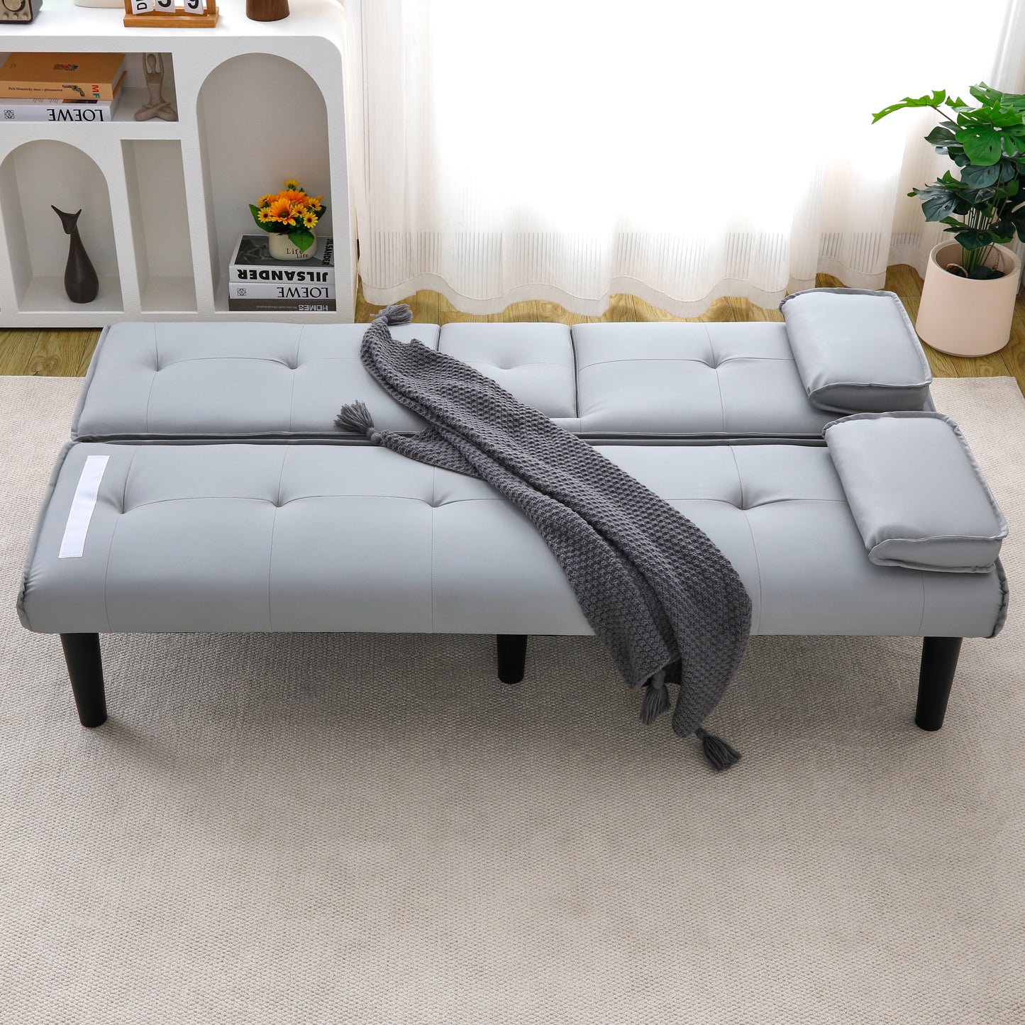 67-Inch Light Gray PVC Sofa Bed with Foldable Design & Cup Holder