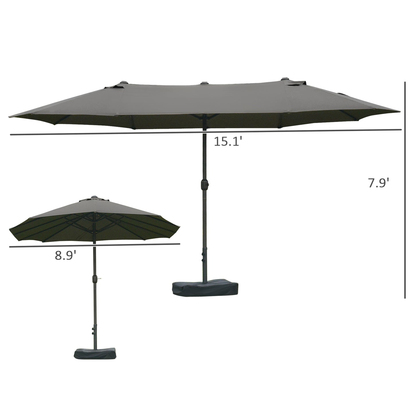 15' Double-Sided Patio Umbrella with Steel Base & UV Protection - Dark Gray
