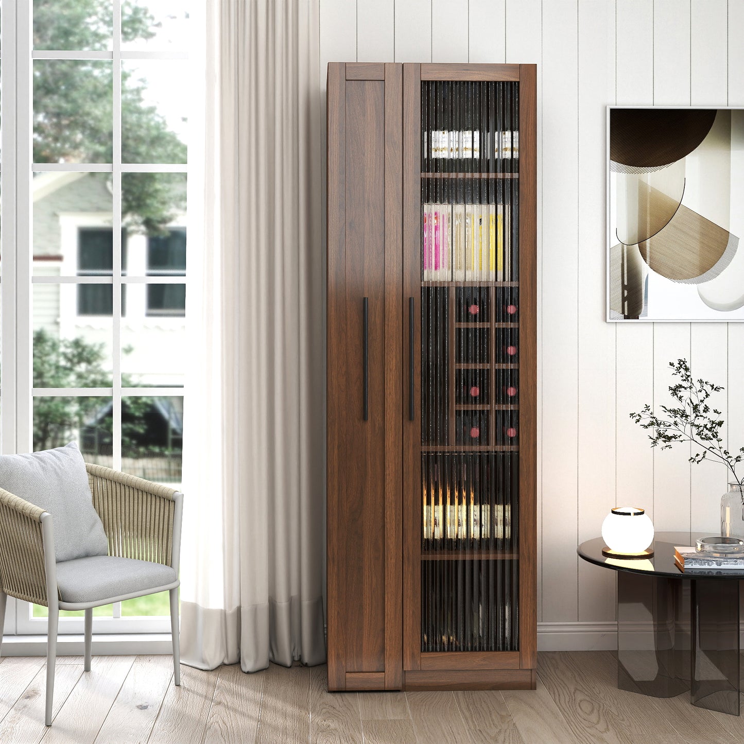 Farmhouse Kitchen Pantry Cabinet with Pull-Out Storage Shelf - Walnut
