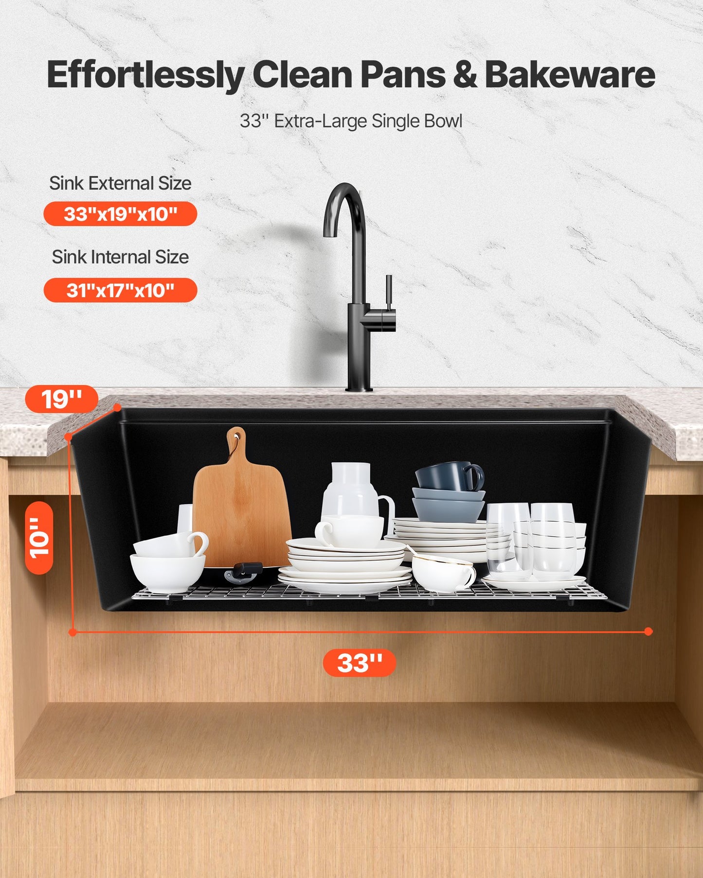 33 Inch Undermount Granite Kitchen Sink - Single Bowl Black