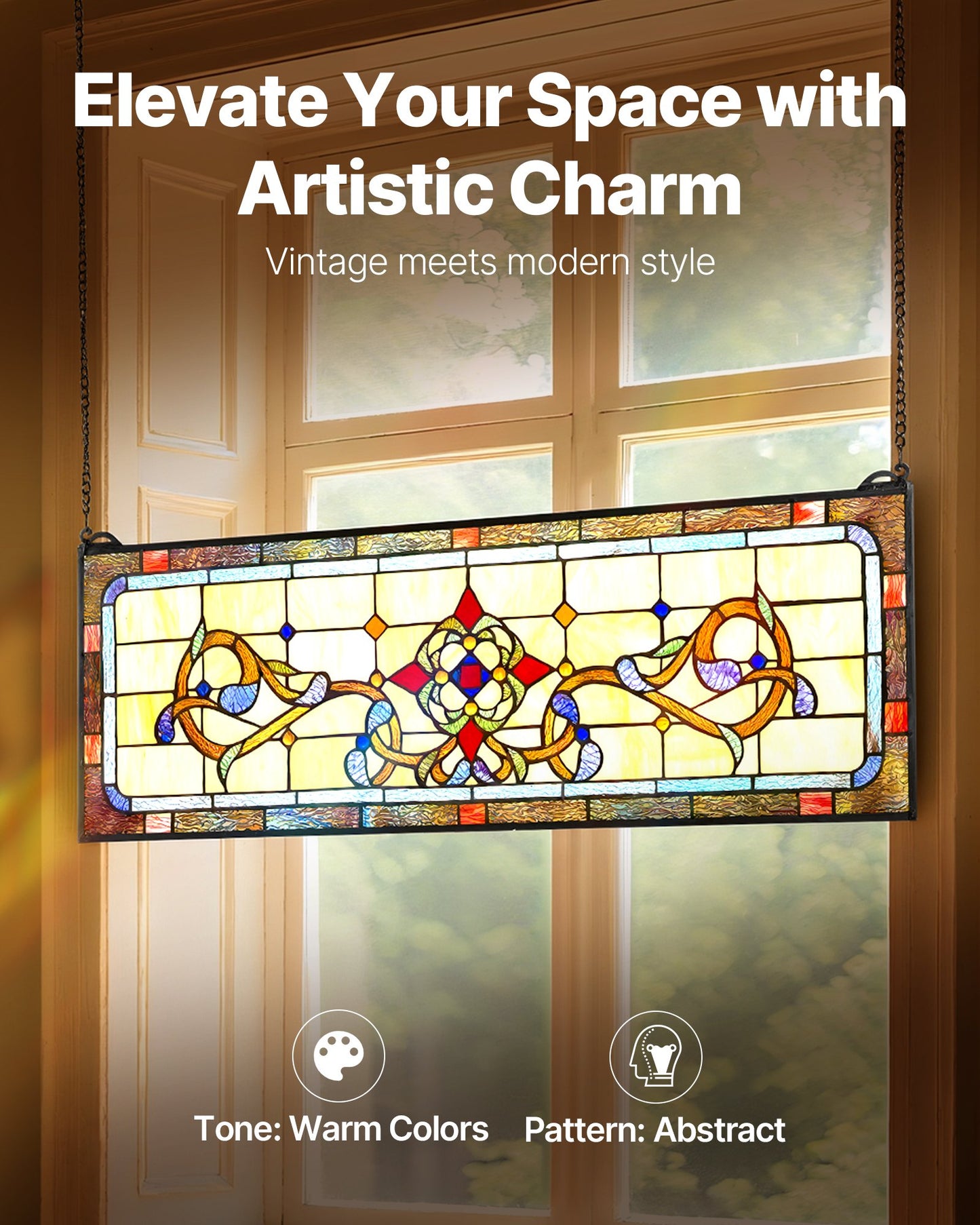 Stained Glass Window Panel 32x11 Inch Tiffany Style Hanging Transom Decor
