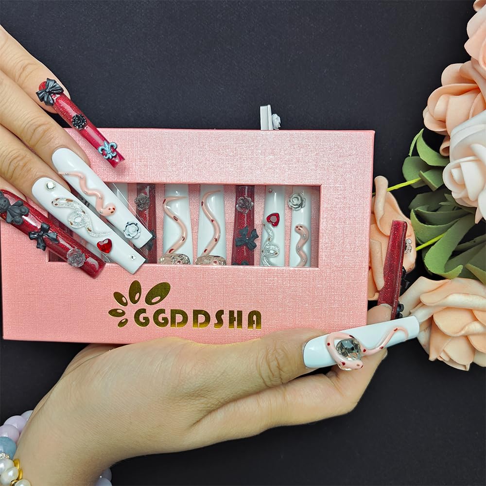 Handmade Acrylic Press-On Nails - Rhinestone Snake and Rose Design