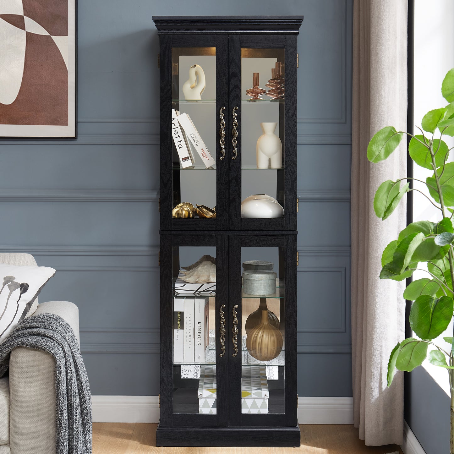 Elegant Lighted Glass Curio Display Cabinet - Wooden Frame Storage