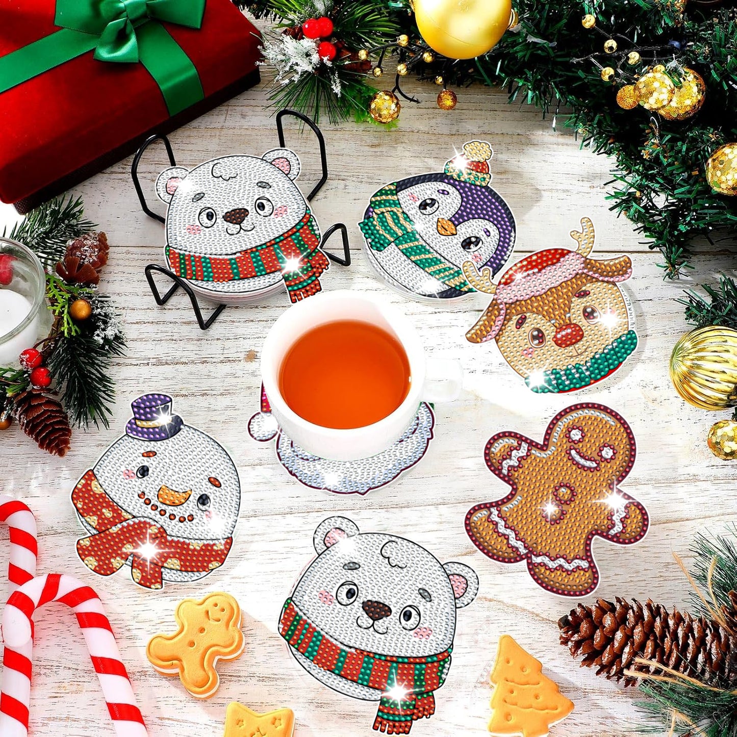 Christmas Rhinestones Art Coasters - 6 Pack Multi-Color Set