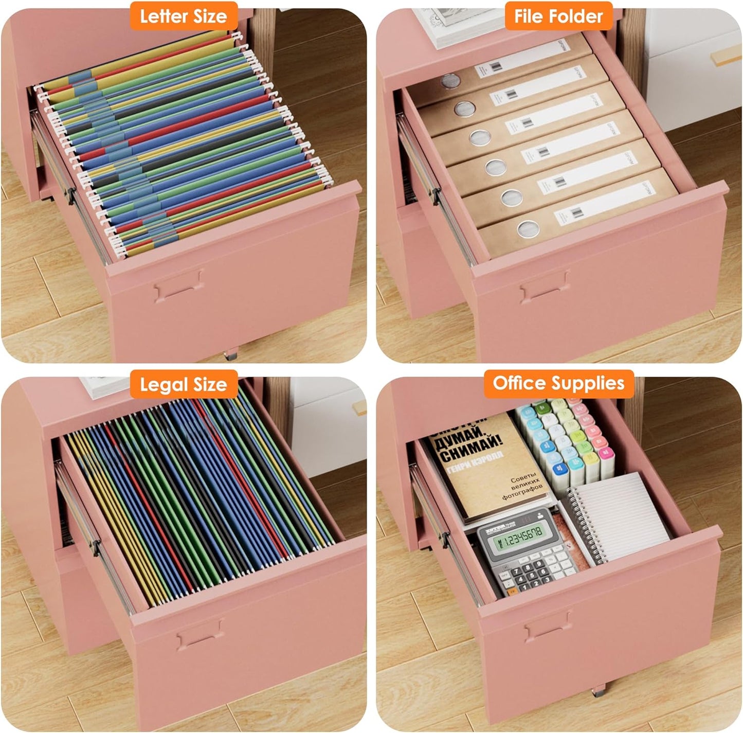 2-Drawer Mobile File Cabinet with Lock - Pink