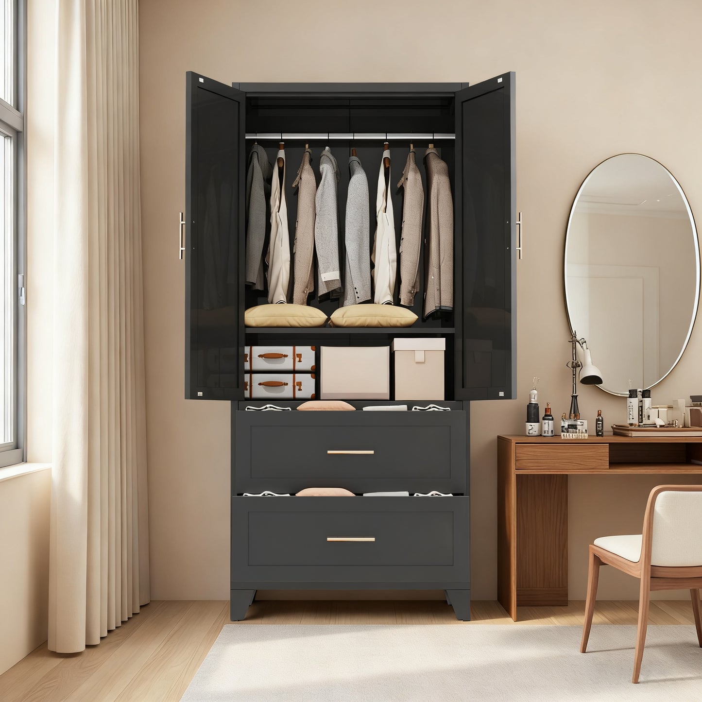 71" Tall Metal Wardrobe Cabinet with 2 Drawers & Shelf - Black