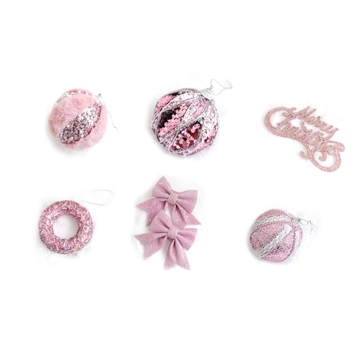 6-Piece Christmas Tree Decoration Set - Pink Plush Ornaments