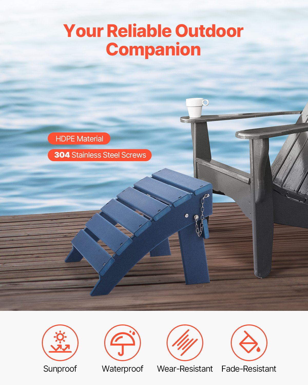 Folding Adirondack Ottoman Footrest for Outdoor Patio Blue - Durable HDPE