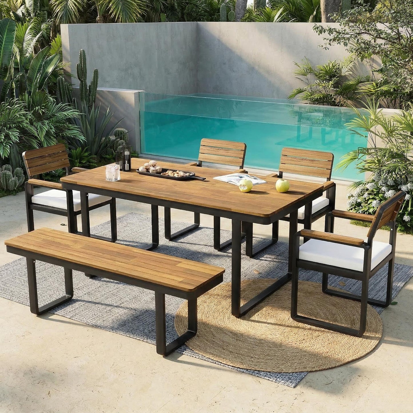 6-Piece Outdoor Dining Set, Acacia Wood, 1 Table With 4 Chairs &