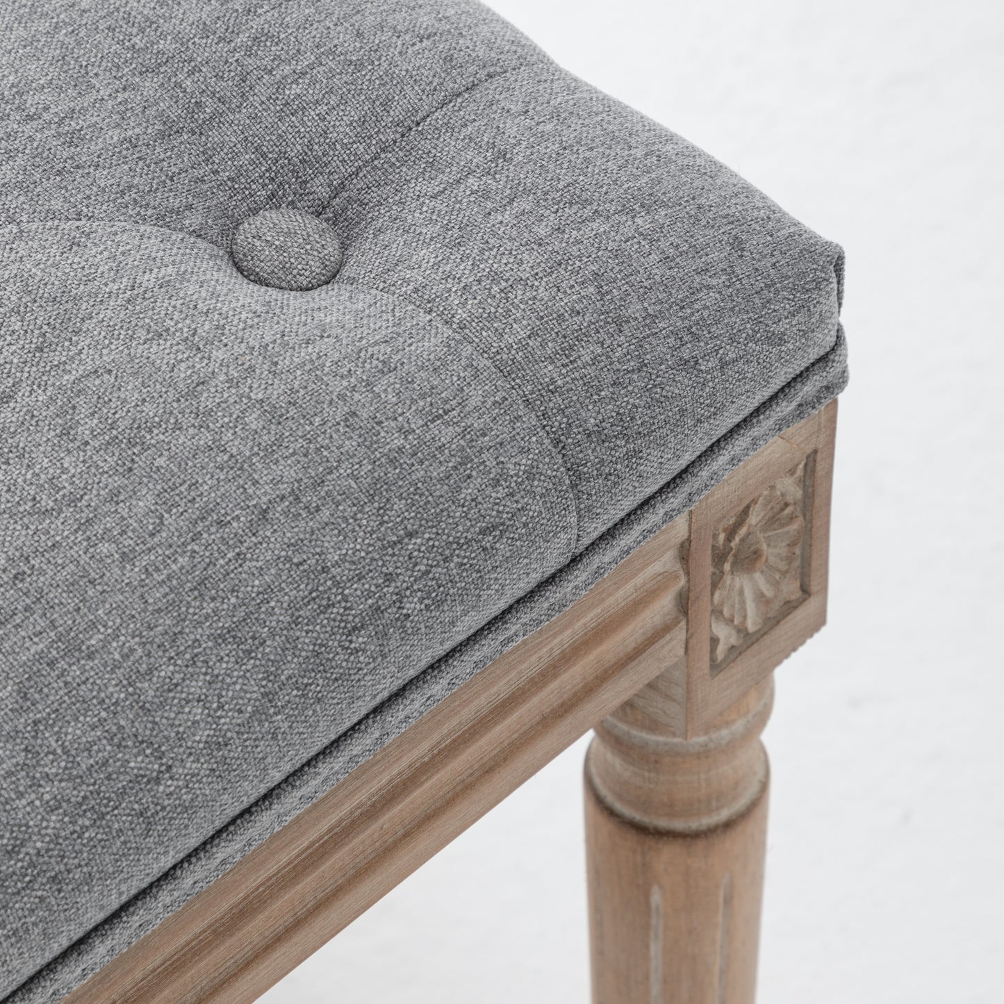 Grey Tufted Vanity Stool with Solid Wood Legs - Bedroom Bench