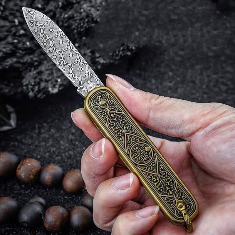 Mini Folding Damascus Steel Pocket Knife with Rose Pattern - Portable and Sharp