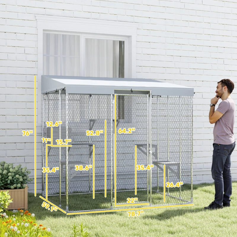 Large Galvanized Steel Catio with Waterproof Canopy & Platforms, Silver