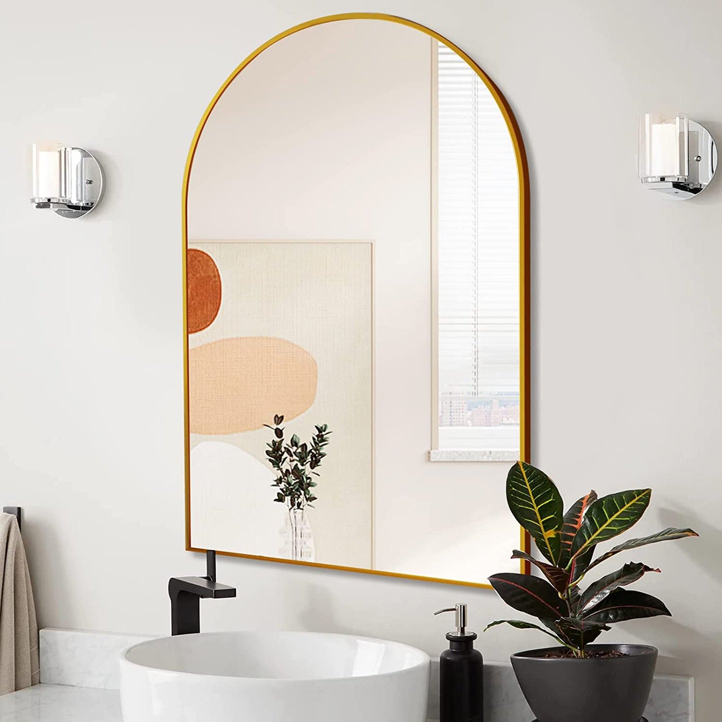 24x36 Inch Gold Metal Framed Arched Bathroom Mirror