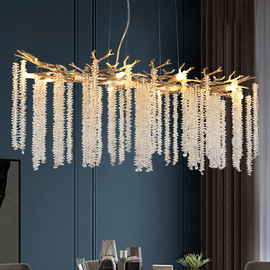 39-Inch Modern Gold Pendant Light with Cascading Crystal Strands - Living & Dining Room Fixture
