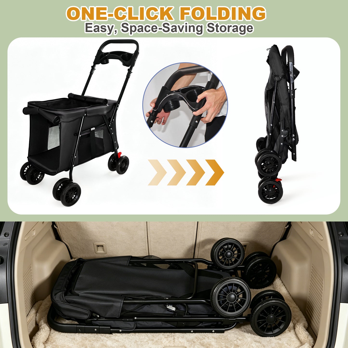 Foldable Pet Stroller for Small Medium Dogs Cats with Mesh Sides & Safety Leashes