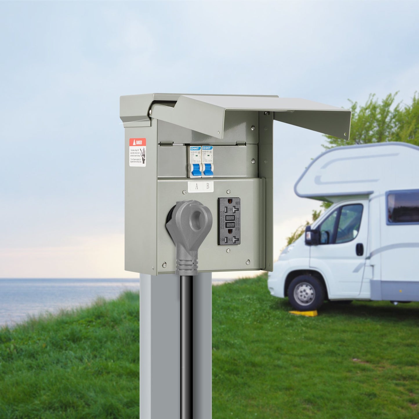 Temporary Power Outlet Panel for RV, 20/30 Amp Electrical Box, Grey
