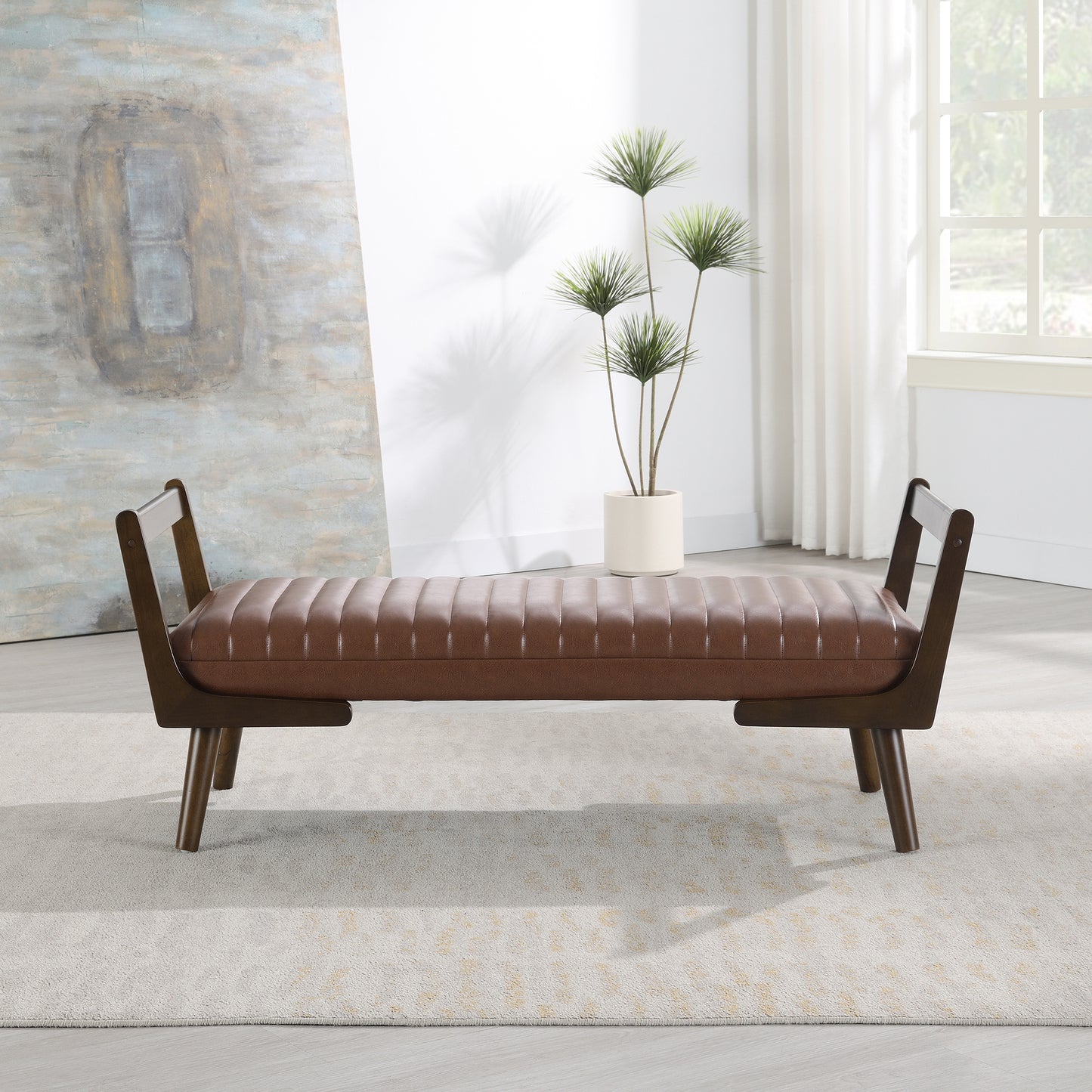 52 Mid Century Bench With Walnut Wood Leg,Channeled Upholstered