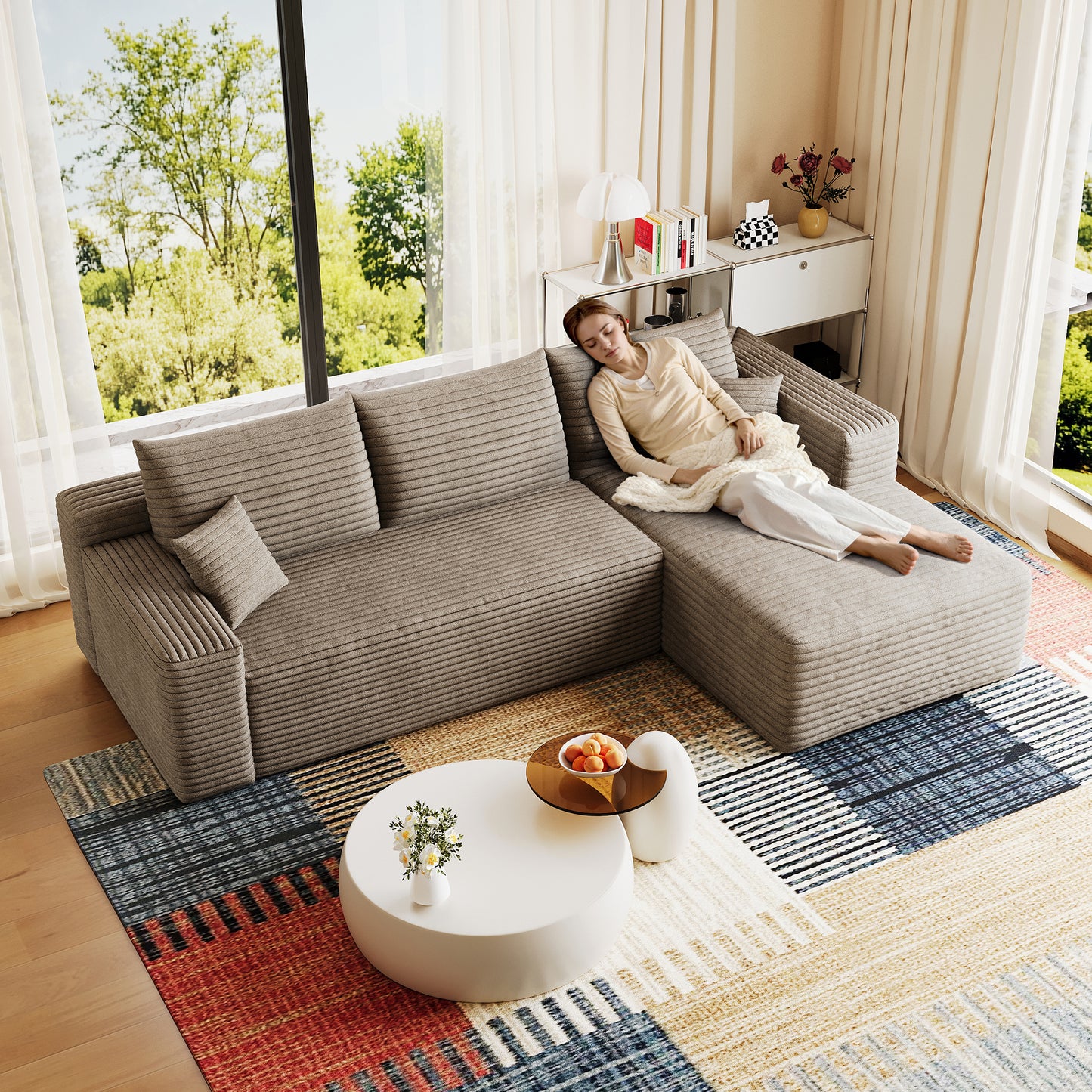 95" Cloud Sectional Sofa - Modern U-Shaped Couch in Camel Plush