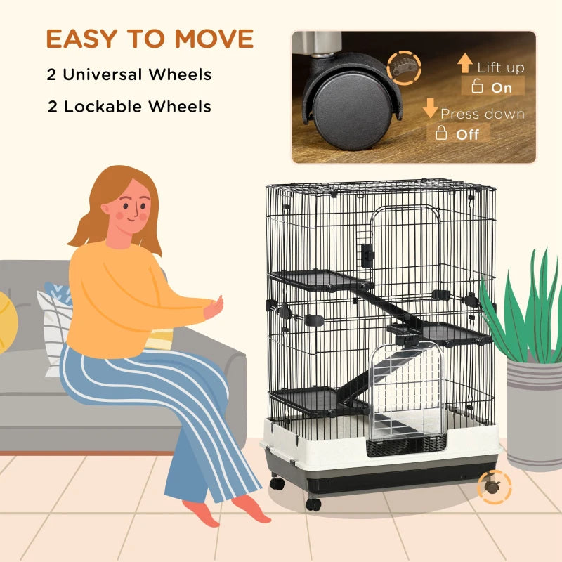 Small Animal Cage with Lockable Wheels, Slide-Out Tray for Rabbits, Chinchillas, Ferrets - Black