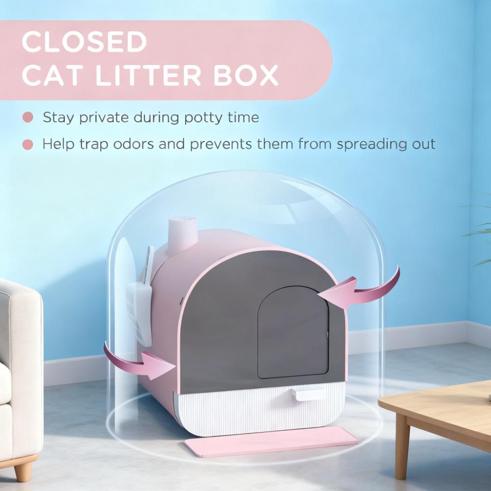 Pink Cat Litter Box with Lid, Scoop & Filter - Small Pet House & Cage