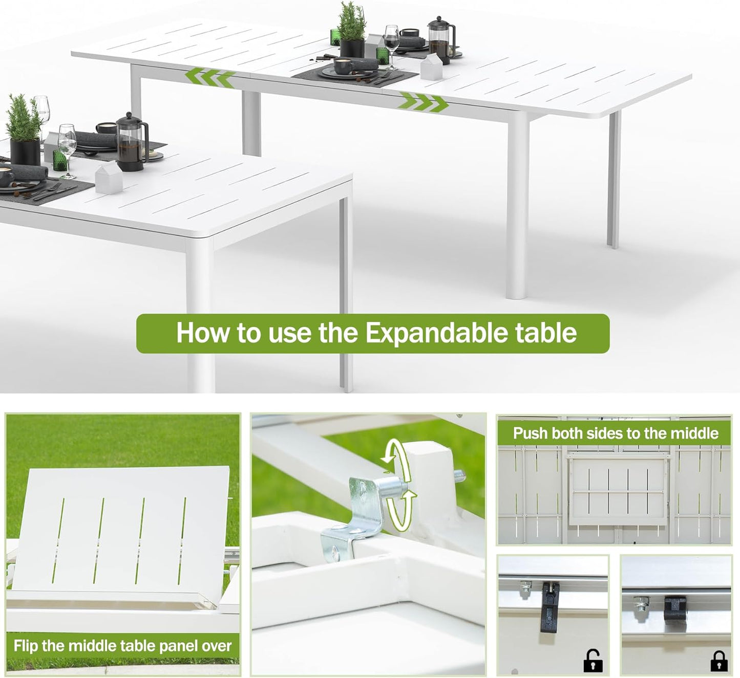 Expandable Patio Dining Table - Aluminum for 6-8 People, Ivory White