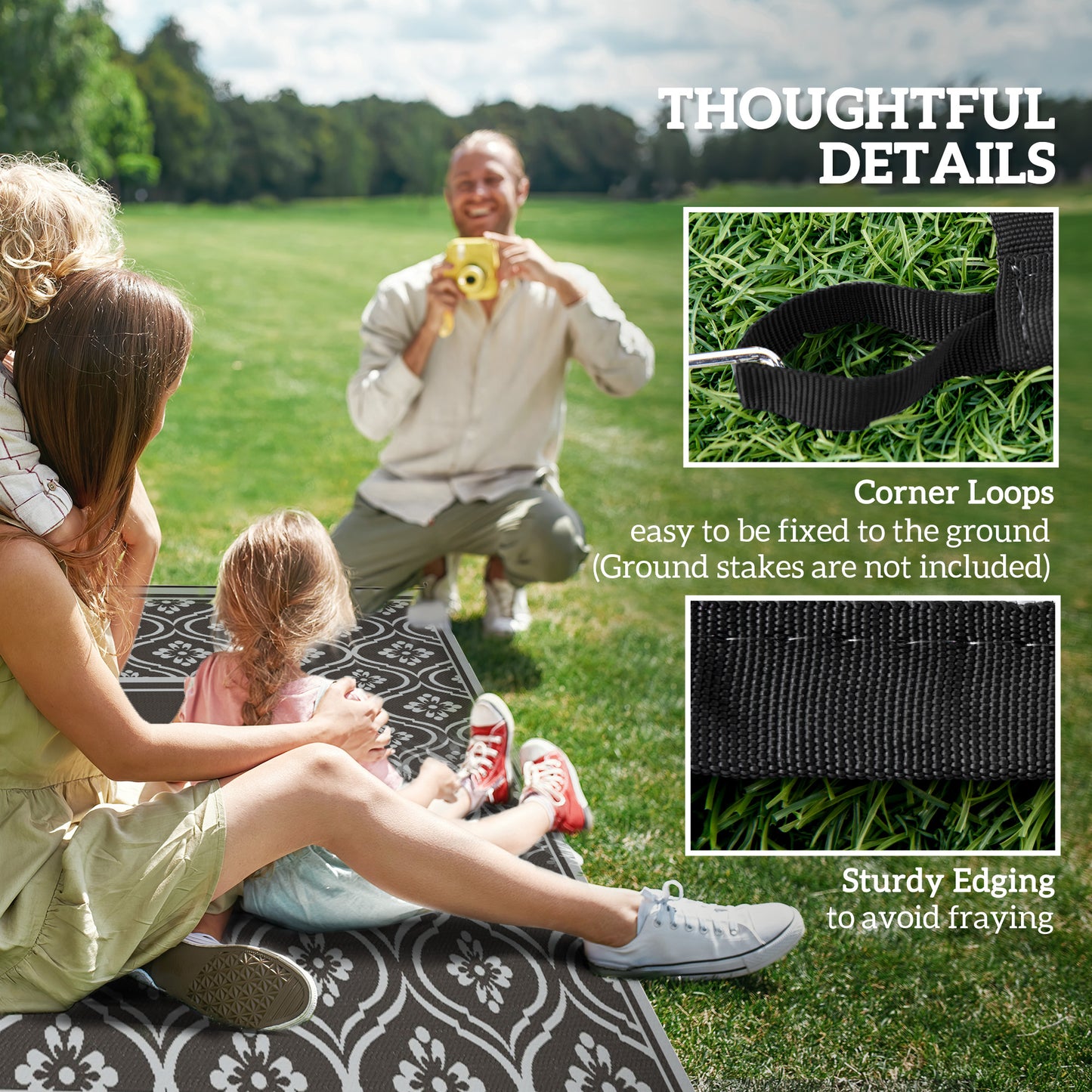 Reversible Outdoor Rug - Waterproof Plastic Straw, 9' x 18', Black & Gray