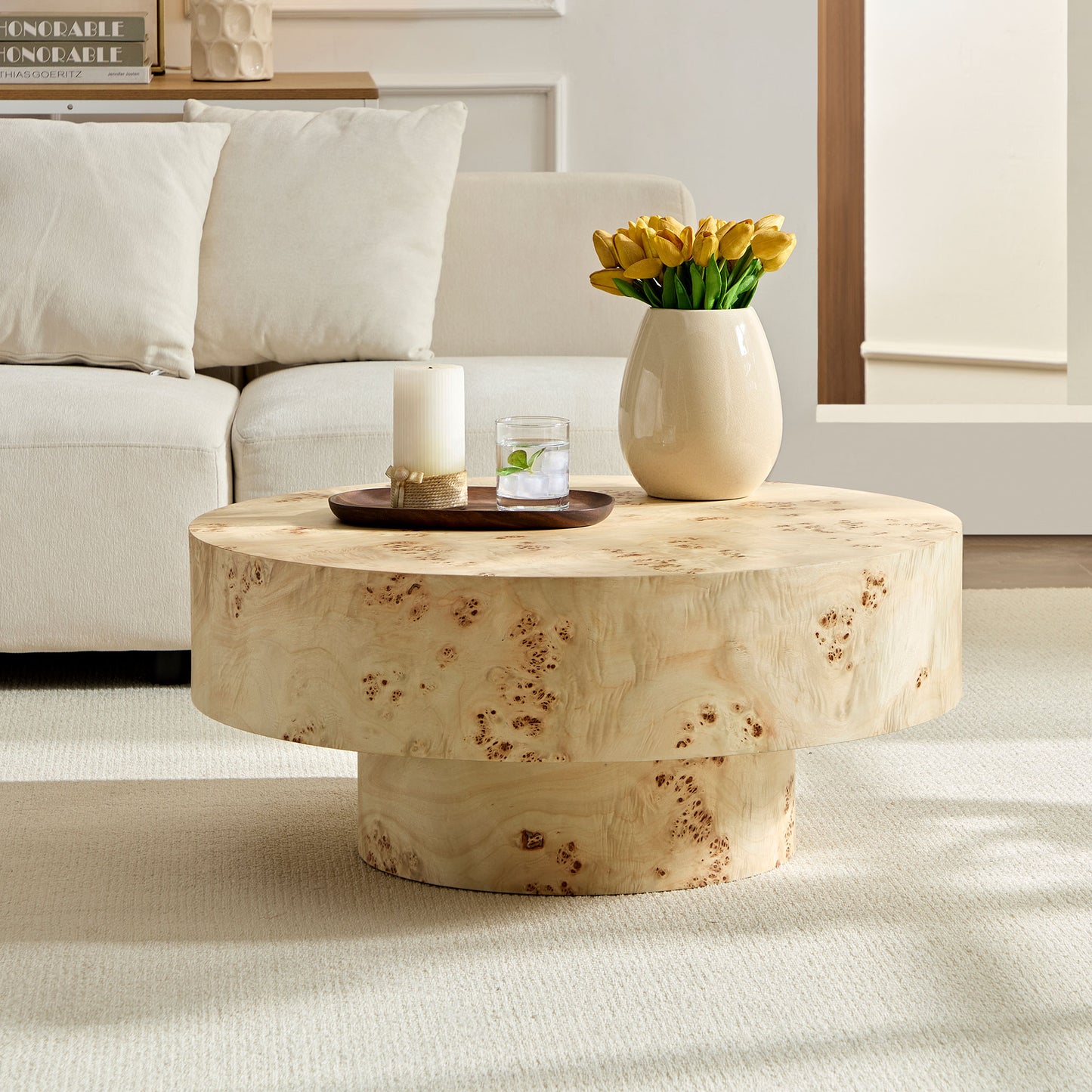 Mid Century Modern Round Wood Coffee Table with Burl Veneer - Natural